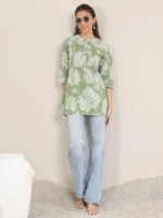 Green Printed Cotton Straight Short Kurti - Image 4